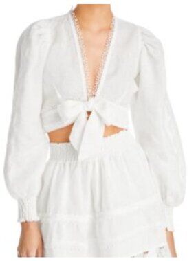 Waimari Women Cropped V-Neck Tie Front White Long Sleeve Blouse Size L